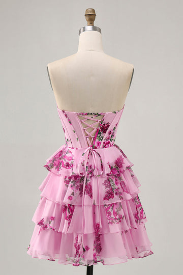 Corset Tiered Pink Floral Strapless Short Cocktail Dress